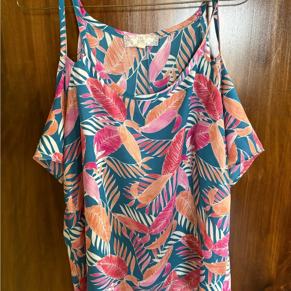 Pink Rose Blue Sleeveless Cold-Shoulder Tropical Top